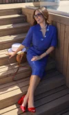 Платье из льна ТЕРРА миди с поясом и рукавом синее